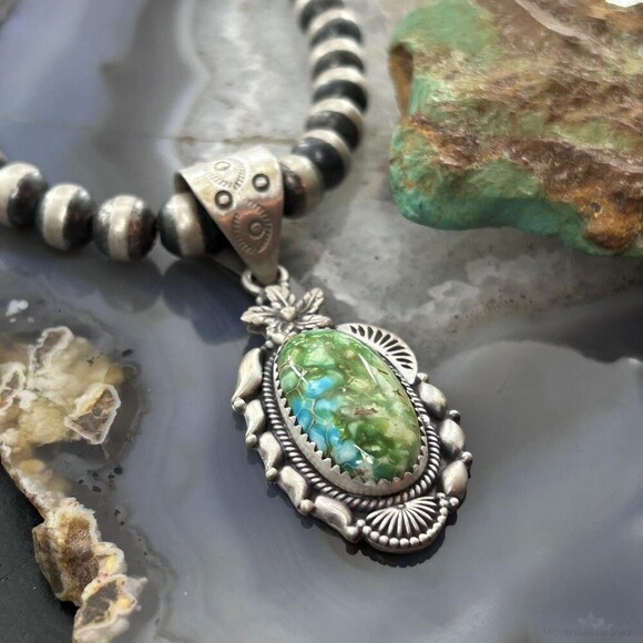 Sterling Southwestern Style Sonora Gold Turquoise Decorated Pendant For Women - Picture 4 of 10